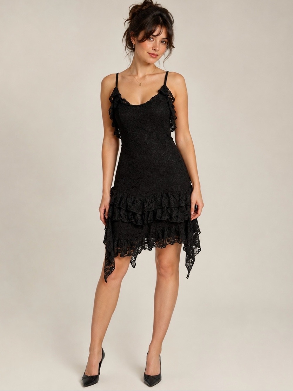 Black Lace Ruffle Slip Dress - Women